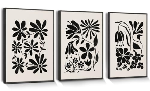 hyidecorart Quadri Beige Boho Cornice Nera Soggiorno, Fiori Neri Astratti Nordici Minimalisti Moderni Camera da Letto Sala da Pranzo Ufficio e Bagno