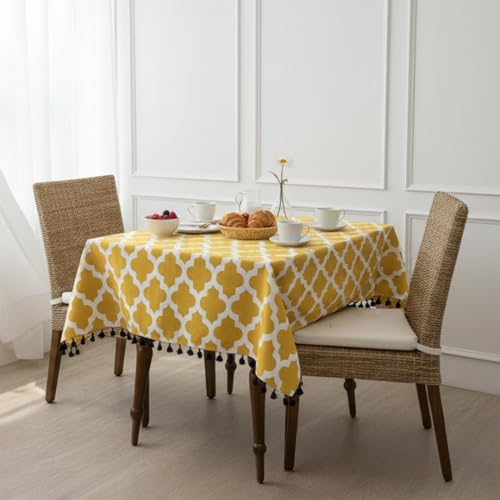 Image of HOMEMONDE Cotton Dining Table Cover 4 Seater 40 X 60 Inch Printed Center Rectangular Table Cloth with Decorative Fringes - (Yellow, 101 X 152 CM)