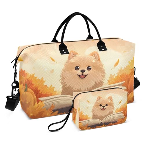 Weekender Bags Travel Duffel Gym Bag A Happy Pomeranian Poked Its Head Out Of An Open Book Surrounded by Pumpkins and Warm Autumn Leaves Carry on Overnight Tote Bag with Toiletry Bag for Airplane Tra
