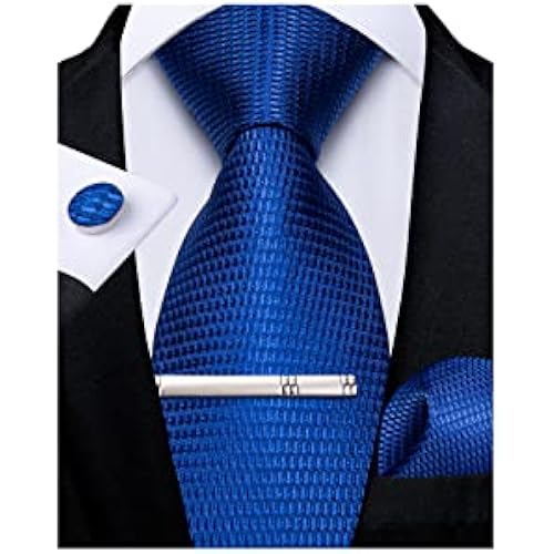 DiBanGu Mens Silk Necktie Solid Color Tie and Pocket Square Cufflink Tie Clip Set Woven Plain Ties for Men Wedding Party