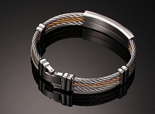 Vnox Mens Stainless Steel Cross Id Bracelet Bangle Two Tone Cable Rope Twist Chain,Gold Plated And #TOP3