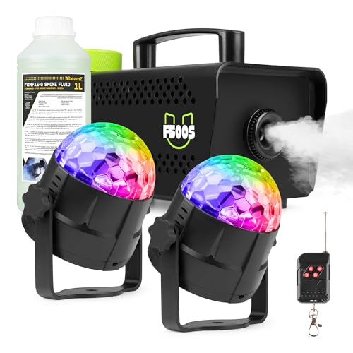 Fuzzix F500S - Pack Machine à Fumée 500 Watts avec 2 x Boules Disco RGB et 1L de Liquide à Fumée Standard - Un Pack tout-en-un Idéal pour les Soirées à la Maison, Fêtes d'Anniversaires