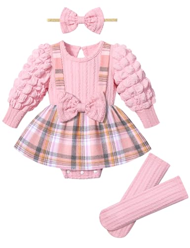 Image of Queenstyle Baby Girl Clothes Dress Fall Winter Outfits Set Puff Sleeve Plaid Romper with Headband Stockings