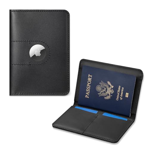 FIREDOG Passport Holder with AirTag Holder - Genuine Leather Passport Cover Travel Wallet with Elastic Strap for Men & Women