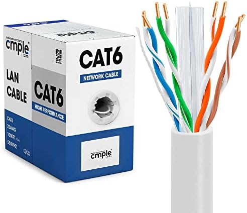 Cmple - Cat6 Cable 1000ft Bulk Lan Ethernet Cat 6 Wire Network UTP 23AWG CMR Riser 10Gbps 550 MHz Pull Box 1000 Feet, White