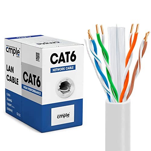 Cmple - Cat6 Cable 1000Ft Bulk Lan Ethernet Cat 6 Wire Network Utp 23Awg Cmr Riser 10Gbps 550 Mhz Pull Box 1000 Feet, White #TOP12