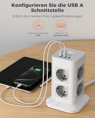 Steckdosenturm TESSAN mit 8 Steckdosen und USB-Anschlüssen