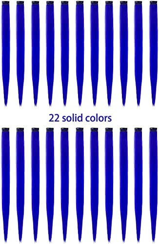 22 PCS Colored Hair Extensions, Olldag Multi-color Party Highlights Clip in Synthetic Neon Hair Extensions, Rainbow Hair Accessories for Christmas Girls Women Doll Hair Pieces (22-inch Blue)