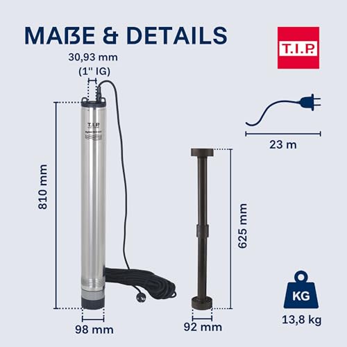 T.I.P. Tiefbrunnenpumpe Edelstahl 5.400l/h sandresistent Brunnen ab Ø10cm integriertes Rückschlagventil 5,3 bar Energiesparend, BigWell 90-53 AUT, 30084