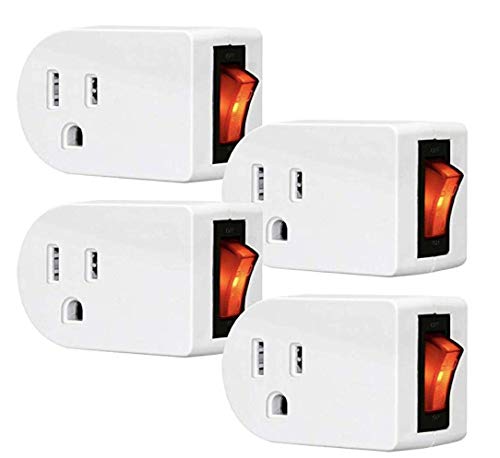 RAYZ - 4 Packs Grounded Outlet Adapter 3-Prong Plug in Single Port Power Adapter, with ON/OFF Red Indicator Power Switch, Energy Efficient, Space Saving