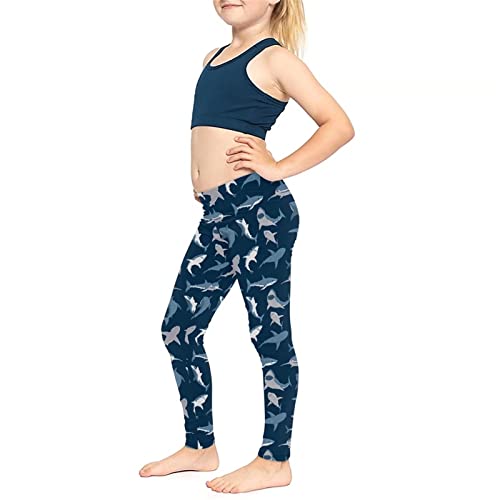 Renewold Shark Blue Print Girls Active Legging Athletic Dance Workout Running Yoga Pants Kids Youth Ankle Length Leggings Comfort Breathable Tights 8-9 Years #TOP4