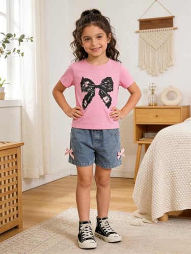 Image of Kids Toddler Girls Summer Clothes Leopard Butterfly Print T-Shirt + Belted Denim Jeans Shorts 3PCS Outfits