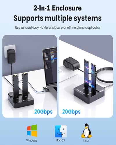 Image of Dual Bay NVMe SSD Cloner & Duplicator - 20Gbps USB 3.2 Gen 2x2 M.2 Enclosure Dock, Tool-Free Offline Clone Reader /Adapter for PCIe NVMe SSDs (M-Key /B+M Key) Supports 2230 2242 2260 2280 22110