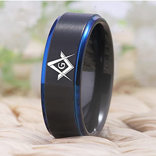 Classic Black with Blue Step Men's Tungsten Carbide Ring Brushed Masonic Compass Square Free Mason-Free Customize Engraving2