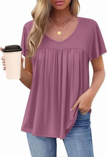 HOTOUCH Short Sleeve Shirts for Women Casual Flowy Shirt Baby Doll Tuncis for Women Ruffle Sleeve Tops Purple Summer V Neck Loose Fit Peasant Blouses for Leggings