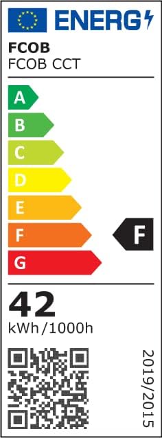 Energy label for FCOB CCT products, showing energy class F and 42 kWh/1000h consumption