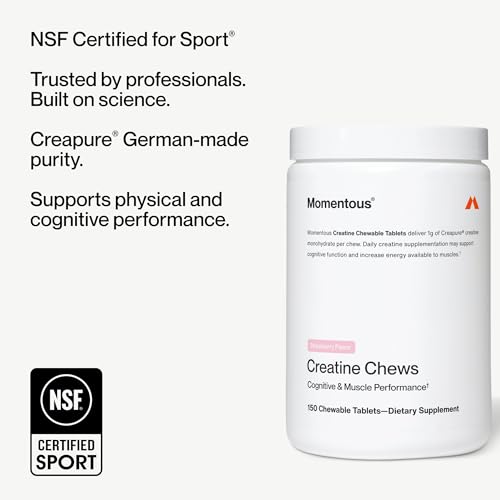 Image of Momentous Creatine Chews - Creatine Monohydrate - Supports Strength, Lean Muscle, & Recovery for Men & Women - NSF Certified for Sport - 150 Chewable Tablets - Strawberry