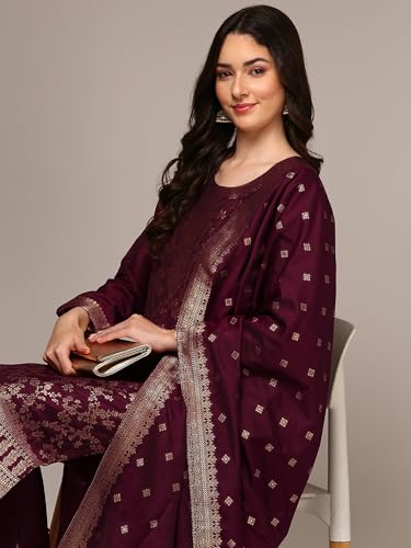 Image of Vaamsi Women's Chanderi Ethnic Motifs Woven Design Straight Kurta Pant With Dupatta With Cotton Inner