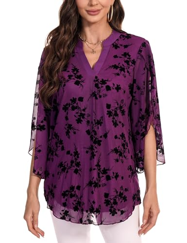 Gyabnw Blusas Manga 3/4 Mujer Camisa Elegante con Cuello en V Camisa de Malla de Doble Capa Bata de Verano Ropa Diaria