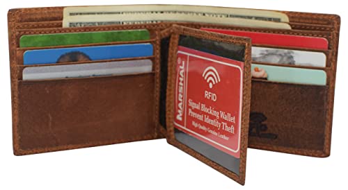 MARSHAL RFID Blocking Real Leather Slim Bifold Wallet Center ID Flap Window Engraved Logos Front Pocket Wallet for Men (Marijuana)3