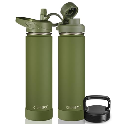 Image of CIVAGO 24 oz Insulated Water Bottle With Straw, Stainless Steel Sports Water Flask Cup with 3 Lids (Straw, Spout and Handle Lid), Double Walled Travel Thermal Canteen Mug, Army Green