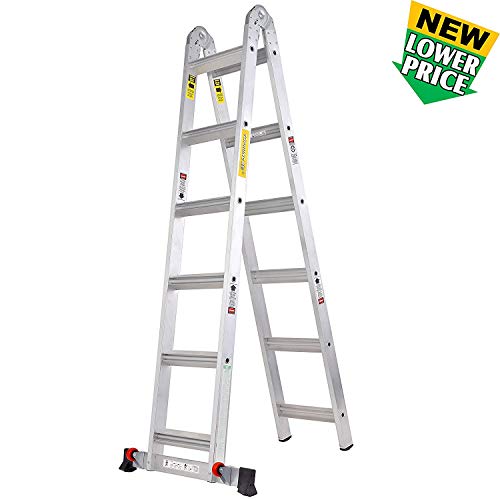 TOPRUNG 12ft. 2IN1 Aluminum Extension Ladder, Multi-Purpose Step Ladder with Bulit-in Wheels, 300lbs