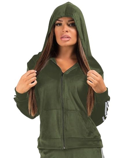 my swag Women's Olive Color Velvet Fabric Full Sleeve with Hooded Regular Sweatshirt Jacket, Medium-picture-43
