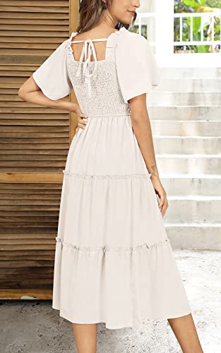 Zattcas Women 2023 Spring Summer Boho Smocked Dress Flutter Sleeve Square Neck Ruffle Flowy Maternity Dress Tiered Midi Dress Cream M #TOP2