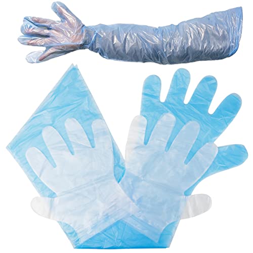 Doerdo Lot de 50 gants jetables à bras long, 50 gants courts en PVC, gants vétérinaires à manches longues, 88,9 x 16 cm