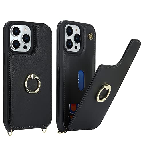 Image of for iPhone 13 Pro Case with Card Holder and Strap for Women,Crossbody Lanyard,RFID Blocking,Kickstand Ring Stand,Snap Clasp,Phone Wallet Cases 6.1 inch(Black)
