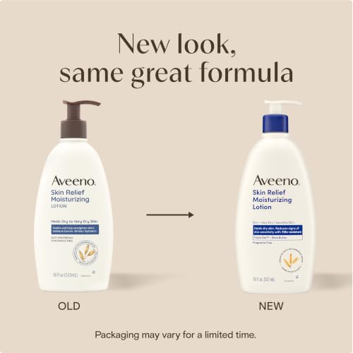 Image of Aveeno Skin Relief Moisturizing Body Lotion Heals Very Dry, Sensitive Skin, Fast Absorbing Lotion with Soothing Triple Oat & Shea Butter Formula, Fragrance Free Lotion, Non-Comedogenic, 18 Fl Oz
