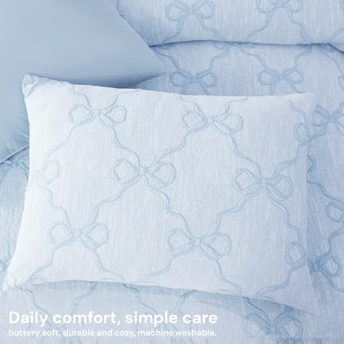 Image of BLOOMHAVEN Queen Comforter Set for Girls, 7 Pieces Blue Bow Bedding Set, All Seasons Bed in a Bag with Sheets, Pillowcases & Shams