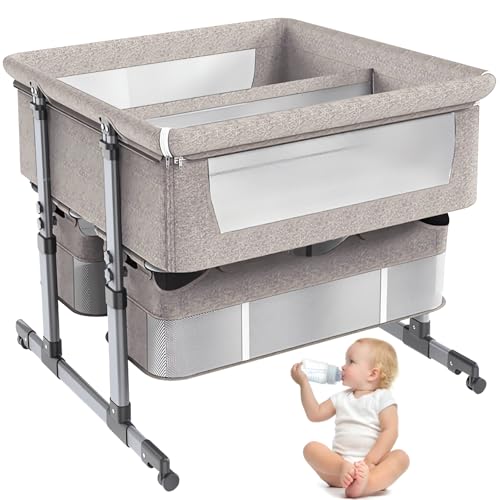 Cama para Bebé Gemela,Cuna de colecho con Colchón con 6 Ajustes de Altura,Plegable Cuna de Noche con Rampa Antirreflujo,Separador Extraíble y Ruedas Silenciosas,para Bebés de 0 a 3 Años (Caqui)