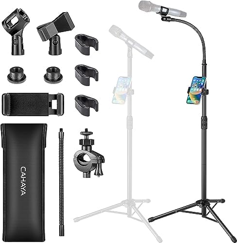 CAHAYA Mic Stand with Phone Holder: Dual-use Floor Tripod Gooseneck Microphone Stand Foldable Portable with Carrying Bag and 2 Mic Clip Holders for Performance Singing Speech Wedding Stage CY0312