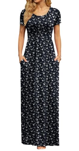 Image of DB MOON Womens 2026 Summer Maxi Dresses Casual Short Sleeve Empire Waist Spring Long Dress with Pockets