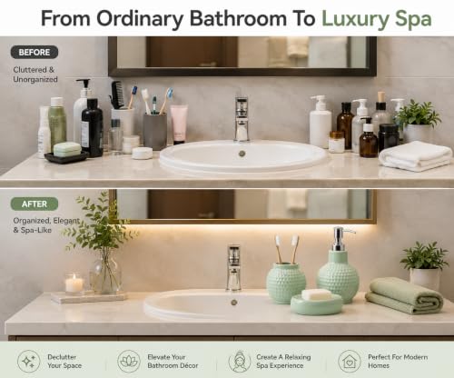 Image of Quace Ceramic Bathroom Accessories Set of 3, Soap Dispenser, Toothbrush Holder & Soap Dish, Modern Bathroom Decor Set for Wash Basin, Vanity Counter & Home Bathroom (Sage Green)