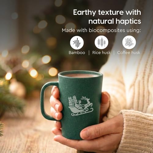 Image of Eha Earth-Friendly Christmas Gifts for Friends and Family | Secret Santa Gifts | Made with Rice Husk | Printed Christmas Mug and Coasters Set of 2, Keychain & a Loopac Box | 350 ml | Fern