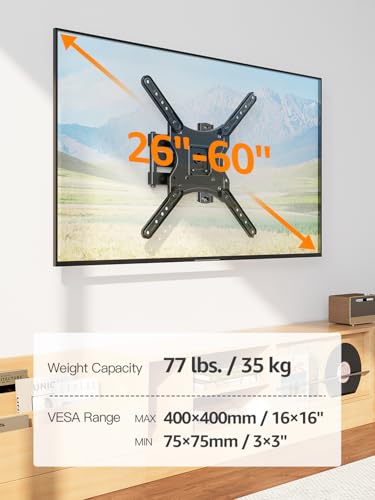 Image of ELIVED Full Motion TV Wall Mount for Most 26-60 Inch TVs, Articulating Arms Swivel and Tilt tv Mount, Wall Mount Brackets Max VESA 400x400, Single Stud Perfect Center Design, Holds Up to 77 lbs.