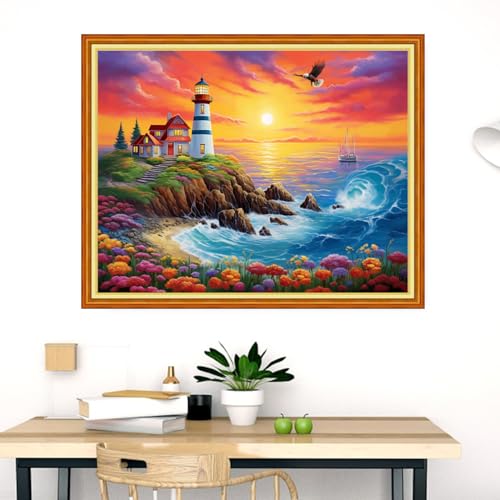 Image of Dooxvey Cross Stitch Kits for Adults Stamped Full Range of Embroidery Starter Kits for Beginners 11CT Printed Cross Stitch Patterns Needlepoint Kits Stamped Crossstitch-Seaside Lighthouse 16x20inch