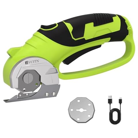 Evcitn Cordless Electric Scissors, Cardboard Cutter with Replacement Self-Sharpening Cutter Blade and Safety Lock, Rotary Cutter with LED Light for Fabric, Carpet, Leather or Plastic, Green Cover