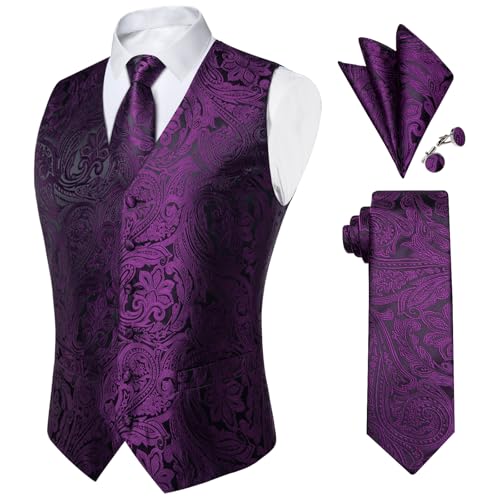 Image of DiBanGu Mens Paisley Vest Silk Sleeveless Suit Vest and Neck Tie Pocket Square Cufflinks Set for Wedding Formal