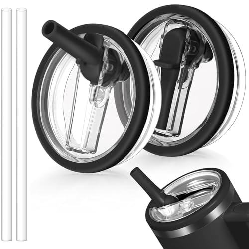 Image of 40oz Tumbler Replacement Flip Straw Lid Pack of 2 - Leak Proof BPA Free Lid with 2 Reusable Straws, Splash Resistant Flip Top Cover Compatible with Stanley 40 oz Quencher H2.0 Tumbler (Black)
