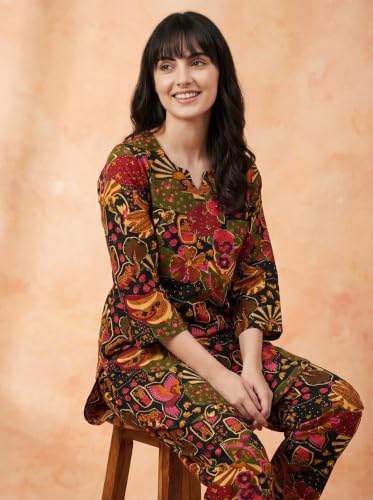 Image of Bee M Pee Designer Trendy Floral Printed Poly Rayon Cotton Kurta Coord Sets for Women | Stylish Casual Kurti Tunic Cord Set with Pant for Woman for Office