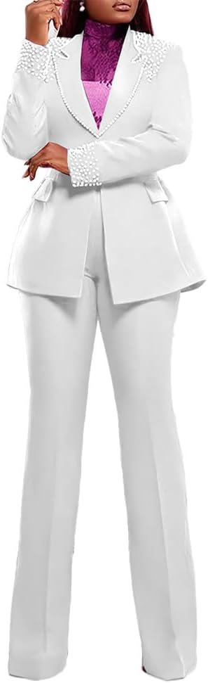 Women Suits 2 Piece Set Business Casual Pearl Blazers and Wide Leg Pants Suit Semi Formal Work Outfits