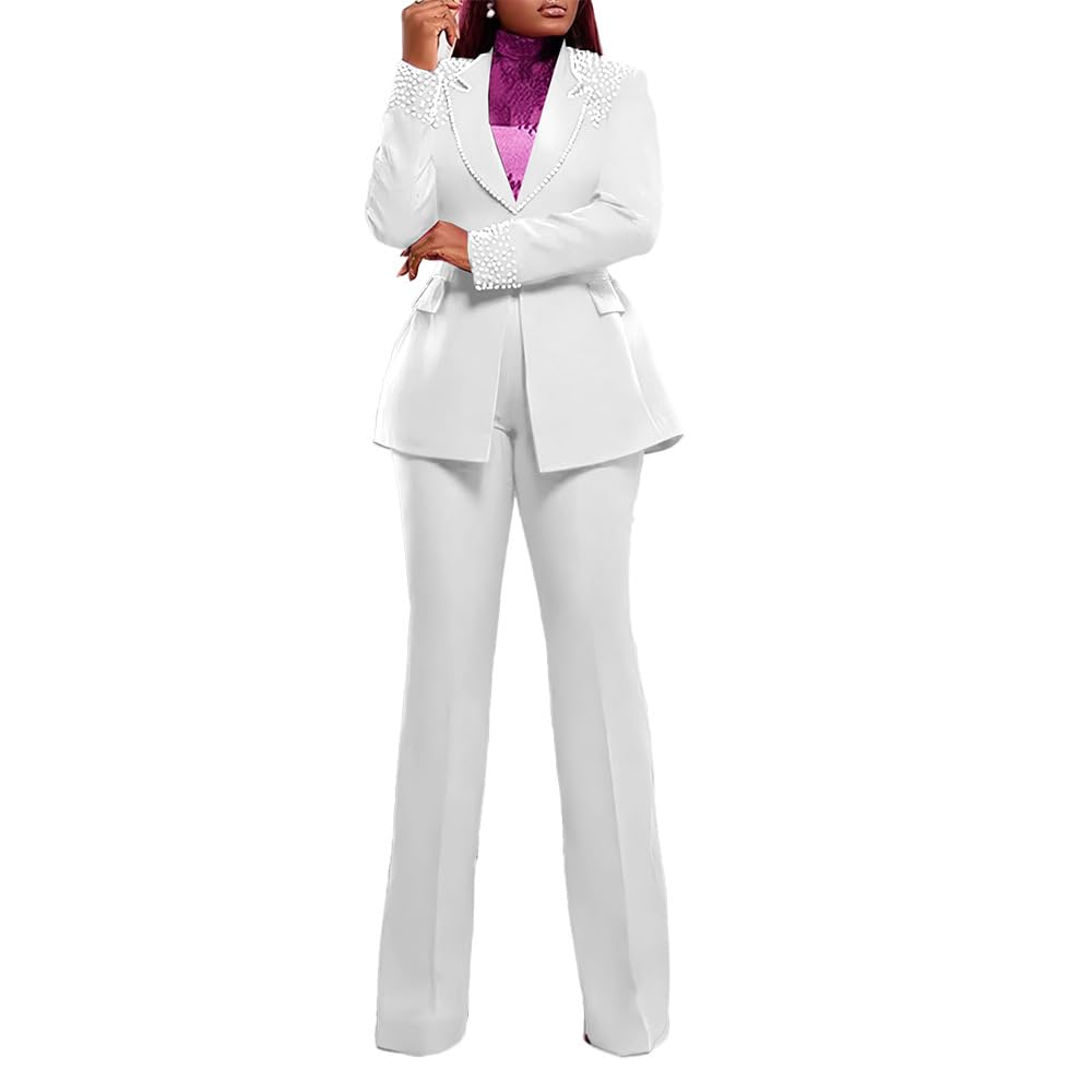 Women Suits 2 Piece Set Business Casual Pearl Blazers and Wide Leg Pants Suit Semi Formal Work Outfits