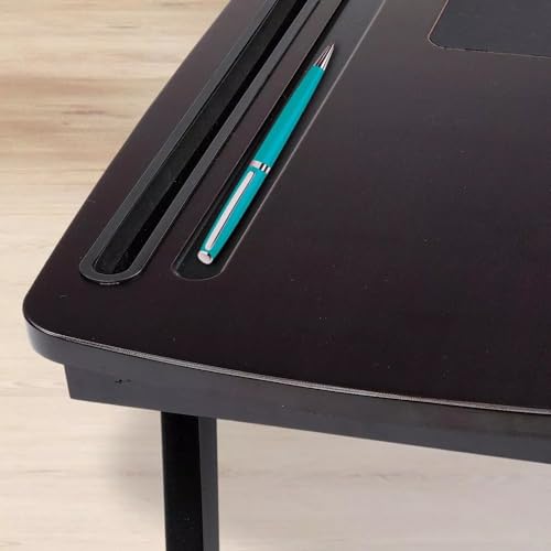 Image of VASIL MART A Versatile Laptop Table Or Lapdesk With A Spacious Working Area For Home That Is Made Of Solid Mango Wood And Is Adjustablefoldable, With Phone And Tablet Holder (Black, 60 Cm, 33 Cm)