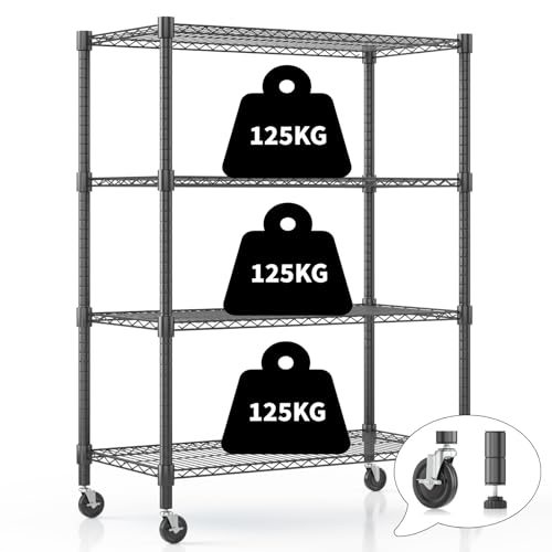 Himimi 4-stufiges Drahtregal mit Rädern und Nivellierfüßen, höhenverstellbar, Metall-Lagerregal...
