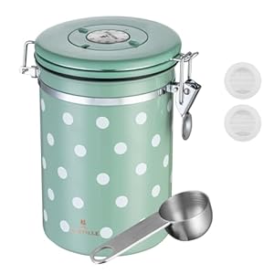 BERTILLE Stainless Steel Coffee Canister,22oz Kitchen Food Storage Container with Date-Tracker, CO2-Release Valve and Measuring Scoop for Grounds Coffee, Beans, Tea, Flour, Cereal, Sugar（Large,Green）