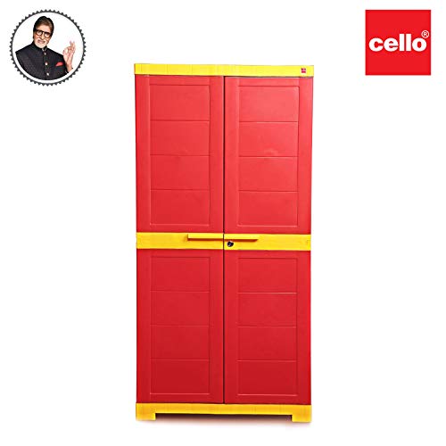 Image of Cello Novelty Big Plastic Cabinet with Dustproof Doors| 3 Year Warranty | Almirah, Cupboard, Wardrobe for Home, Living Room, Bedroom, Kitchen, Office, Outdoor| Red & Yellow Colour