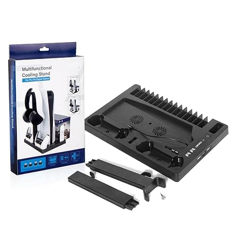 Compatible with PS5 Vertical Stand for Compatible with PS5 Digital Edition and Disc Edition Console with Cooling Fan, Controller Charging Station